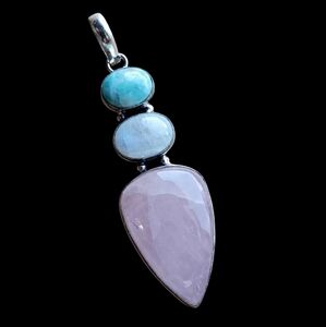 Large Rose Quartz, Rainbow Moonstone, Dominican Blue Larimar 925 SS Necklace 18"
